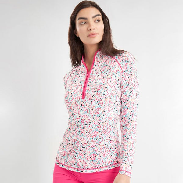 Ona Zip Neck Printed Long Sleeve Top - Festive Print